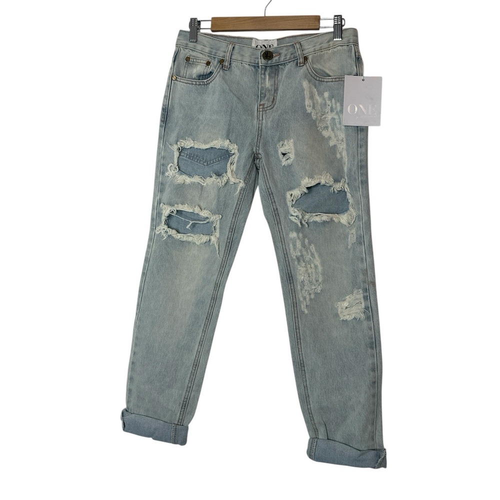 One Teaspoon Baggies Jeans Women Size 24 Blue‎ Distressed Bohemian Straight New